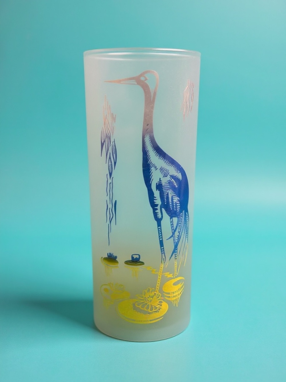 VINTAGE Frosted Blue Heron Crane Highball Glass MCM Barware